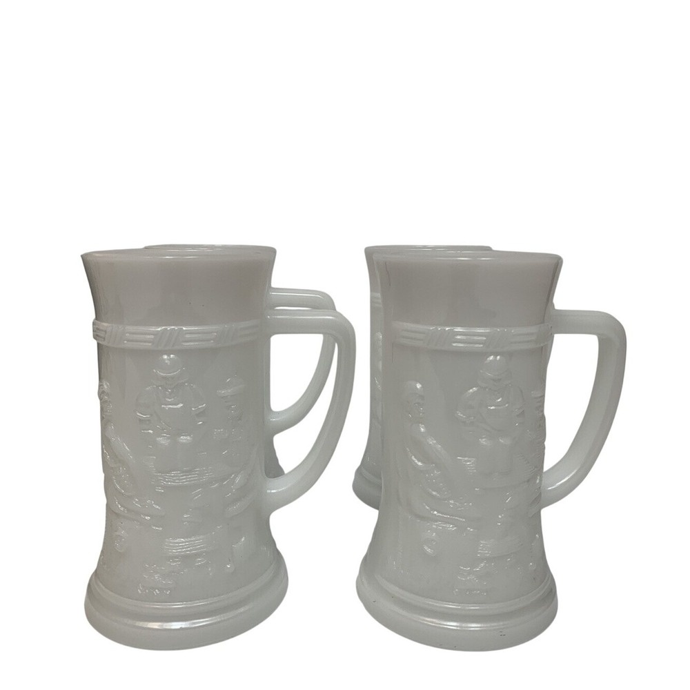 Vintage Milk Glass Beer Stein Set of 4 White Embossed Tavern Scene Mugs